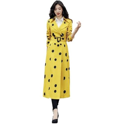 Womens Long Trench Coat 2021 Spring New Dot Print Jacket Autumn Fashion Elegant Double Slim Lady Windbreaker Over Knee