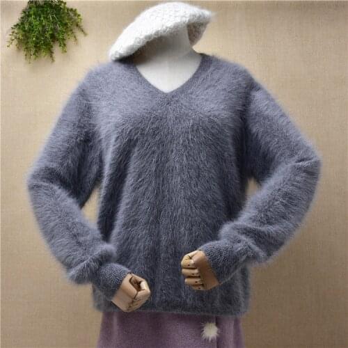 Ladies women fashion grey hairy plush mink cashmere knitted long sleeves v-neck loose pullover angora fur jumper sweater pull