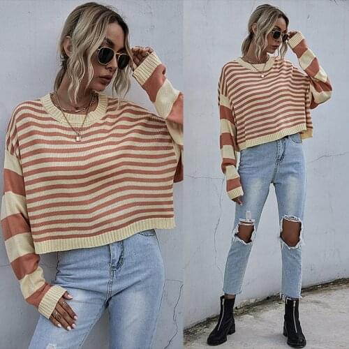 Women Oversized Striped Orange Sweater Batwing Sleeve Pullovers Knitted Women Tops New Arrivals Autumn Loose O-neck Sweater