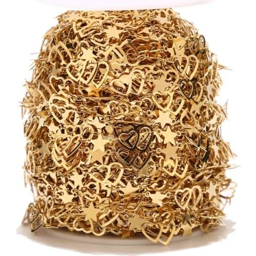 Gold tone stainless steel Flat heart star Shape Handmade Beaded Link Chains Link Chain with Spool for Jewellery Making