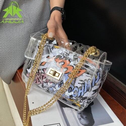 2pcs/set Womens Transparent Bag Luxury Handbag Fashion PVC Clear Hollow Out Shoulder Bags Fashion Chain Female Messenger Bag