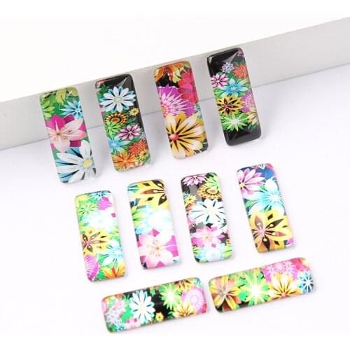Reidgaller 20pcs mix flower pattern photo rectangle glass cabochon 10x25mm diy handmade jewelry findings for earrings making