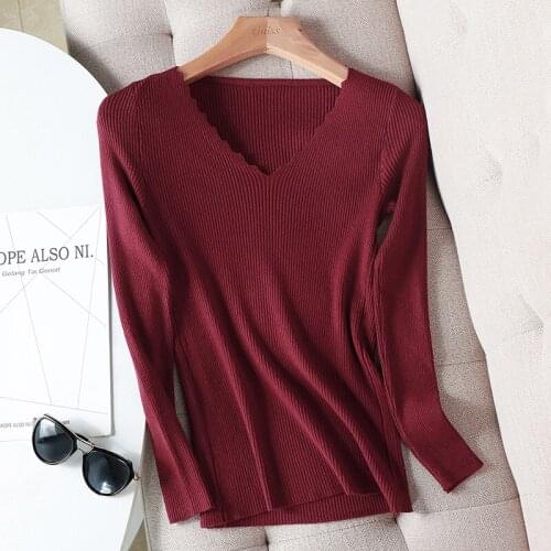 2020 basic wavy v-neck solid autumn winter Sweater Pullover Women Female Knitted sweater slim long sleeve badycon sweater cheap