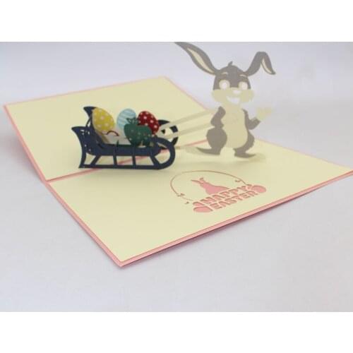 3D Handmade Carving Cartoon Pulling Sleds Rabbit Easter Eggs Paper Greeting Cards PostCard Children Kids Friend Creative Gift