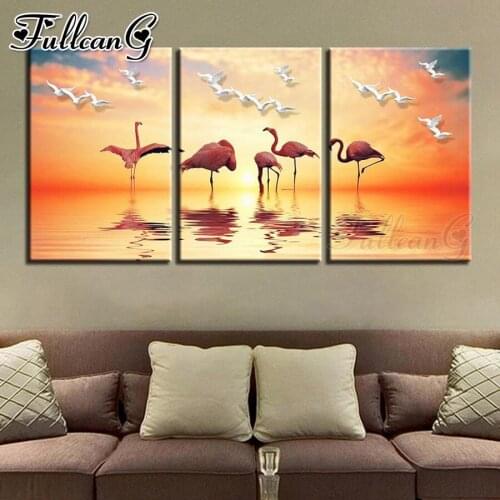 FULLCANG 5d diy diamond embroidery seagull & flamingo animal diamond painting triptych full square round drill home decor FC1988