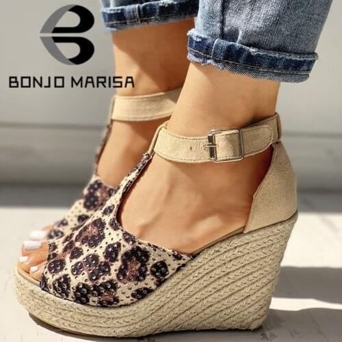 BONJOMARISA 2020 INS hot sale leopard platform sandals women high wedges sandals 2020 elegant summer high shoes woman