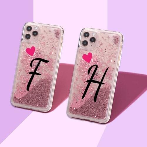 Custom Initials name A to Z Heart Sparkle Liquid Real Glitter Phone Case Cover for iPhone 11 X XS XR Max Pro 7 8 7Plus 8Plus 6