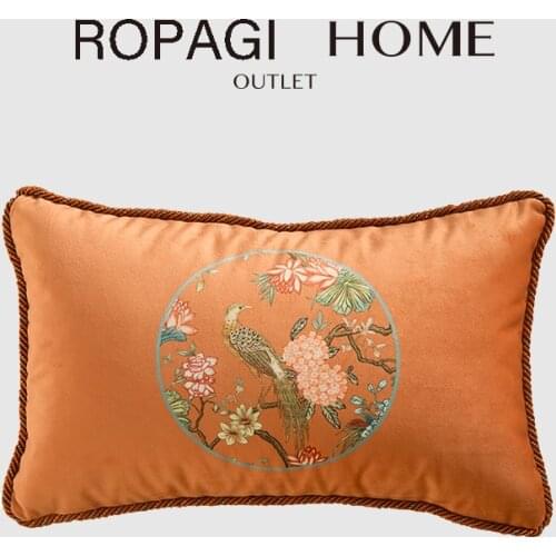 Home Oriental Art Cushion Cover Hydrangea Flower And Bird Print Accent Orange Velvet Luxury Lumbar Pillowcase 30x50cm