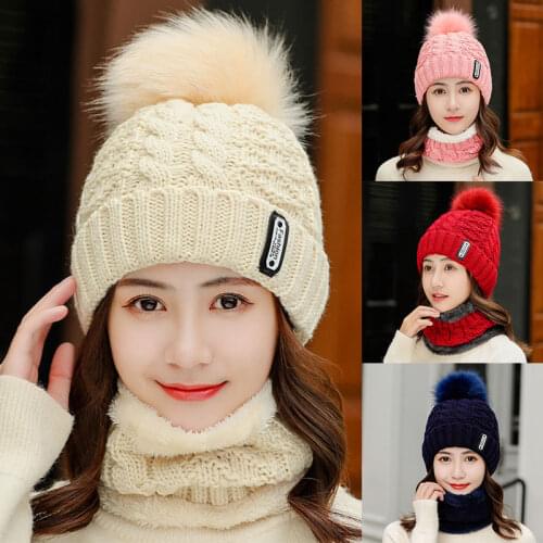 Womens Winter Warm Twist Hats Ski Fur Pom Poms Ball Elastic Knitted Hair Ball Caps Scarf Set Plush Skullies Beanie Hat