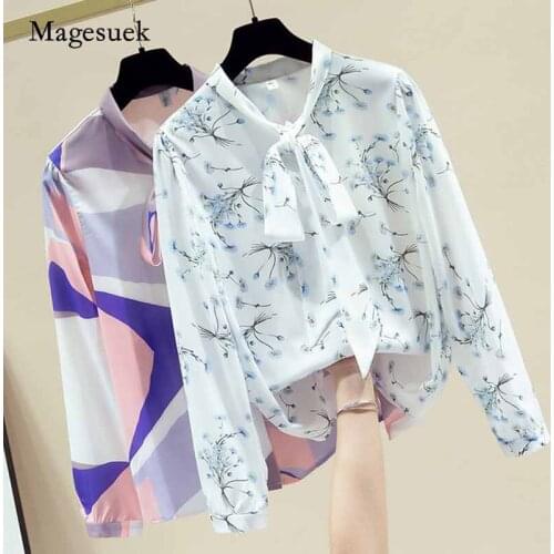 Elegant Bow Printed Chiffon Shirt Cardigan Autumn New Women Shirt Korean-Style Long Sleeve Lace-up Shirt Casual Shirt 11172