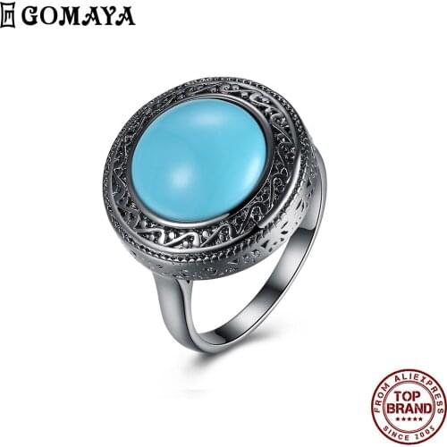 GOMAYA Sky Blue Round Shape Kallaite Ring Classic Vintage Cool Design Women Rings Party Festival Fashion Jewelry Accessories