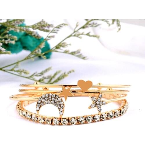 Pack Of 4 adjustable bangle bracelet with stretch rhinestones in burnished design