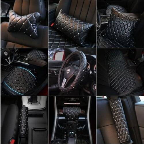Diamond Leather Car Headrest Neck Pillow Waist Support Crystal Rhinestones Car Seat Cushion Covers Styling Interior Accessories