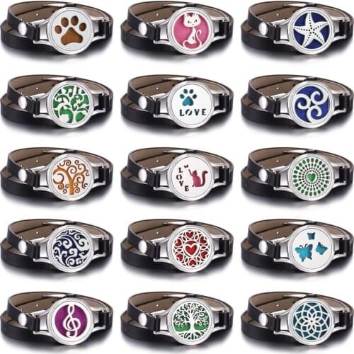 Hot Sale Aromatherapy Jewelry Bracelet Multilayer Black Leather Perfume Diffuser Locket Bracelets Tree of Life Diffuser Bracelet