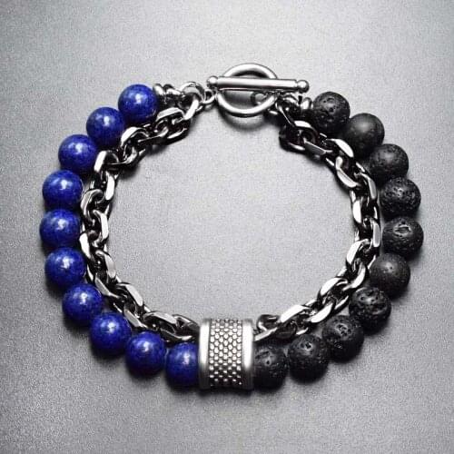 Mens Tiger Eye Stone Beaded Bracelet Stainless Steel Gunmetal Link Chain Yoga Bracelet Male Jewelry