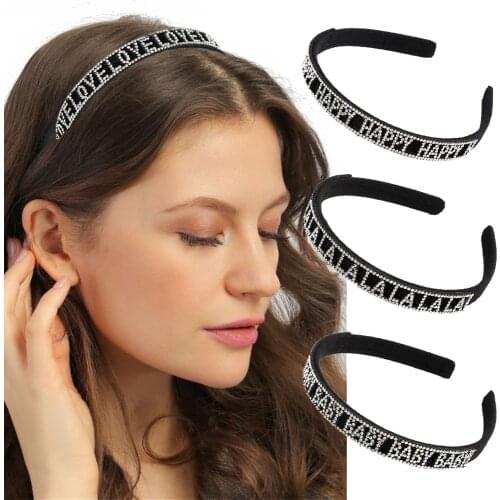 AWAYTR Fashion Happy Crystal Rhinestone Letter Headband Elastic Shiny Hairband Hair Accessories Headpieces Hair Hoop for Women