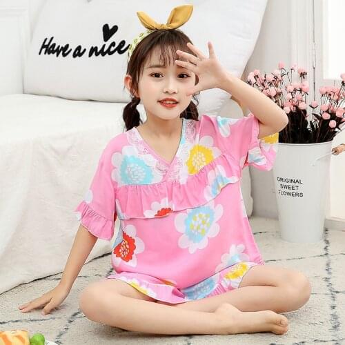 Floarl Printed Pajamas Set Girls Fashion Clothes Lace Ruffled Short Sleeve Tops Shorts Two Pieces Suit Kids Girl Clothing Outfit
