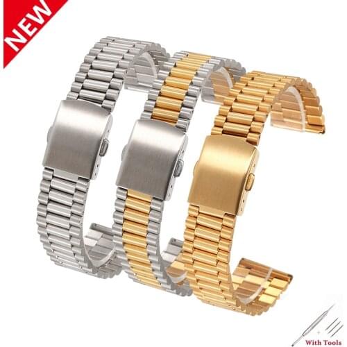 14mm 16mm 18mm 20mm Watchband Solid Stainless Steel Wrist Belt Straps Silver Gold Bracelet Follding Buckle Watches Accessories