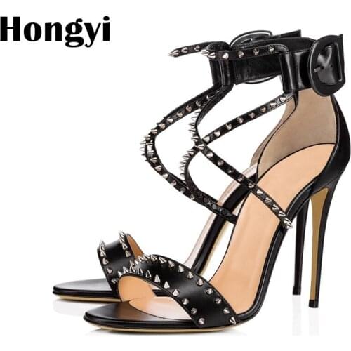 Hongyi New Arrival Punk Style Rivets Sandals Women Soft Leather Gladiator Sandals Cool Ladies High Heel Shoes Woman