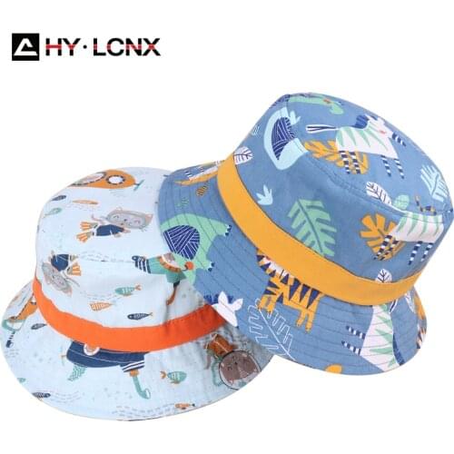 Spring And Autumn Children Big Brim Fisherman Hat Boy Pure Cotton Breathable Hat Girl Cartoon Print Adjustable Sun Bucket Hat