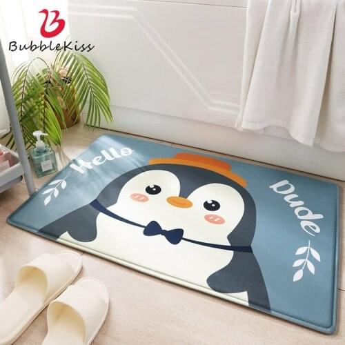 Bubble Kiss Modern Cartoon Cute Penguin Pattern Floor Mat Home Non-Slip Entry Door Carpet Bathroom Water Absorption Area Rug