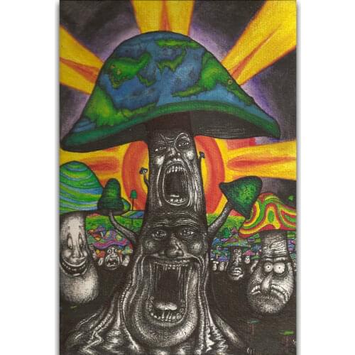 Trippy Magic Mushrooms Face Fantasy Mind Landscape Silk Fabric Wall Poster Art Decor Sticker Bright