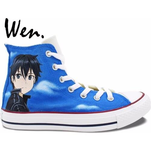 Wen Anime Hand Painted Shoes Design Custom Sword Art Online Kirito Asuna Yuuki Blue High Top Men Womens Canvas Sneakers