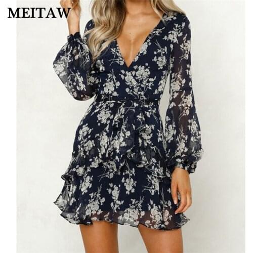 Vintage Floral Print Dress Women Autumn Long Sleeve Dress 2020 Sexy V-Neck Mini Dress Elegant Party Dresses