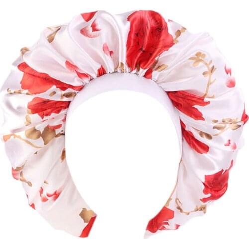 Women Extra Large Satin Bonnet Sleep Night Cap Wide Band Floral Jumbo Chemo Cap F42F