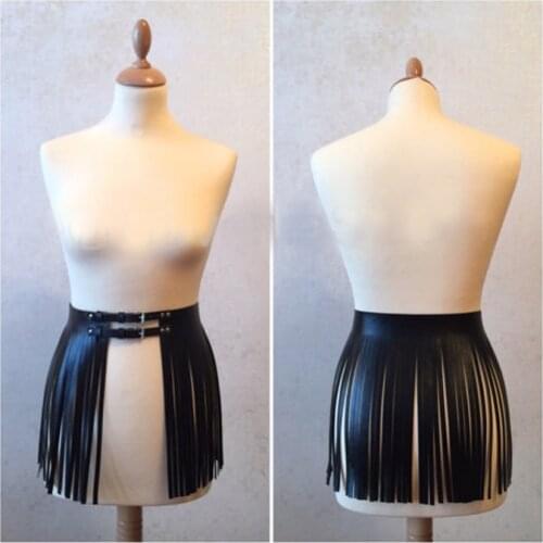 Fashion Design Black White Faux Leather Fringe Tassels Belt Women Waist Skirt Adjustable Waistband Buckle Belt Dancing Clubwear
