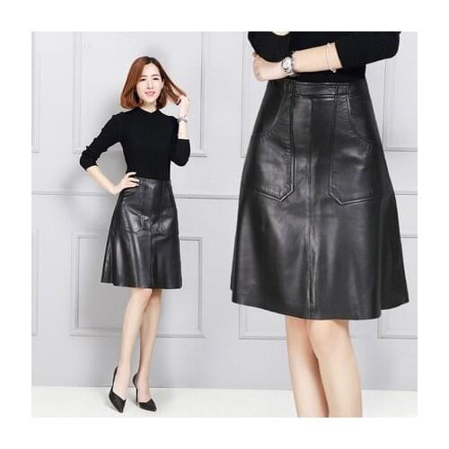 Women Sheepskin Genuine Leather over-the-knee Skirt K126