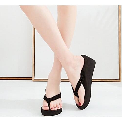 Womens Solid Color Non-slip Feet Flip-flops High-heeled Wedges Beach Sandals Bathroom Footwear Summer Outdoor Beach Slippers