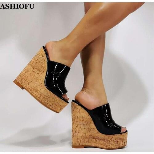 ASHIOFU New Style Womens Wedge Heel Slippers Peep-toe Party Prom Sexy Shoes Evening Night-club Real Photos Fashion Slipper