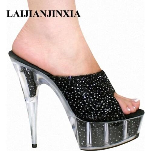 LAIJIANJINXIA 15CM Nightclub Sexy crystal high heels romantic sweet sandals shoes model show shoes Dance Womens Shoes