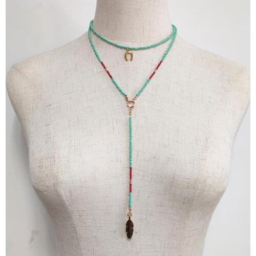 Bohemian Summer Beaded Long Chain Necklace for Women Fashion Gold Feather Pendant Necklaces Bridal Wedding Jewelry Gifts