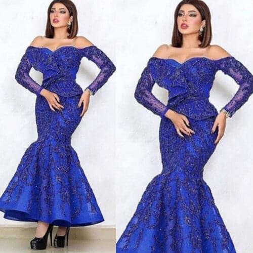 Royal blue prom dresses 2021 lace appliques beading sequins mermaid long sleeve evening dresses gowns