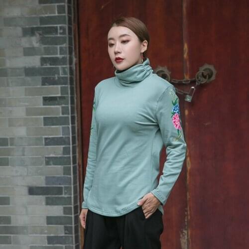 2018Women Autumn Winter warm Velvet t shirt Slim fit Chinese style Hand Painted turtleneck fleece tees Oversize tops XL-XXXXXL