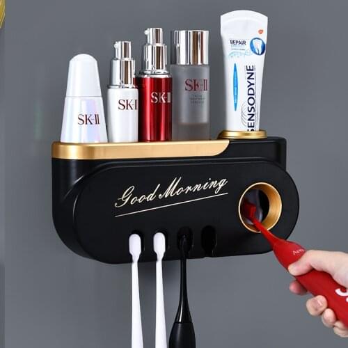 Automatic Toothpaste Dispenser Wall Mount Dust-proof Toothbrush Holder Wall Mount Storage Rack Bathroom Accessories Set Squeezer