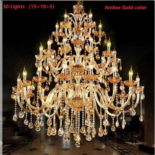 Large 18/24/30 Lights Modern Big Lustres 100% K9 Crystal Luxury Home Decoration Amber/gold/cognic Villa Chandelier Lighting