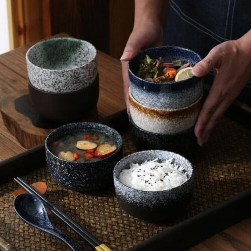 Household ceramic rice bowl Japanese style small soup bowl Retro bowl Dessert bowl with spoon Special restaurant tableware