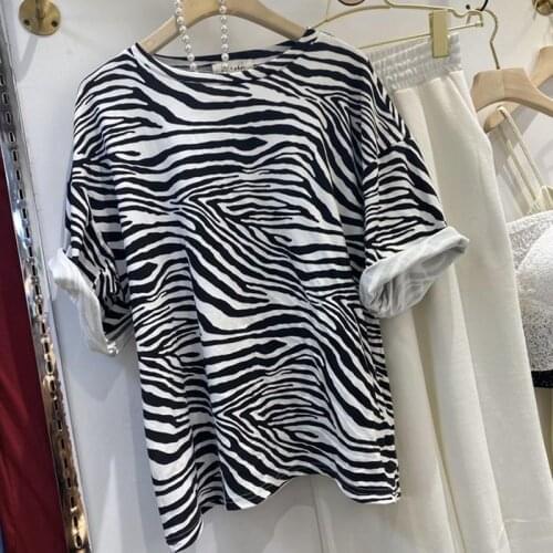T Shirt Women Summer Japanese Cotton Zebra Pattern Round Neck Oversize Loose Womens Clothing Short Sleeved Tshirt Top Leopard