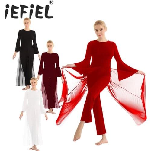XS-XL Women Adults One-piece Round Neck Long Flare Sleeves Mesh Overlay Culottes Leotard Lyrical Dance Jumpsuit for Performance