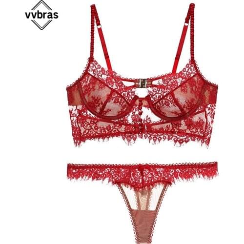 Vvbras Red Sexy Lashes Lace Underwear Set Beautiful Back Ultra-thin Push Up Bra Panty Secret For Sexy Women Hot Bikini Thong Set
