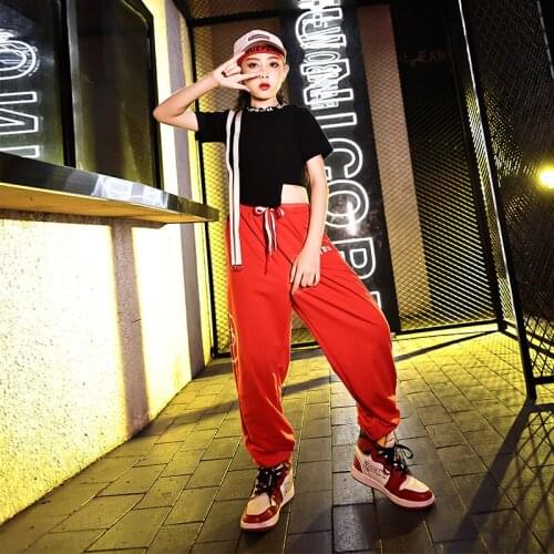 Street Dance Show Clothing Suit For Girls Kids Summer Hiphop Loose Streetwear Jazz Dance Performance Stage Costume VDB3683