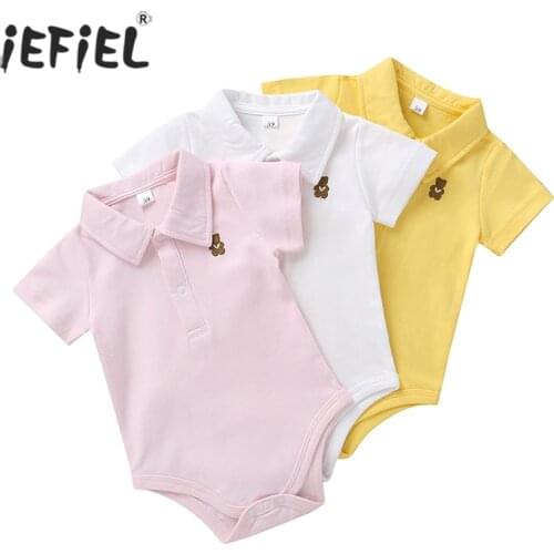 Summer Infant Baby Boy Clothing Gentleman Solid Bodysuit Bear Print Turn Down Collar Shirts Jumpsuit Set New Born Bebies Roupas