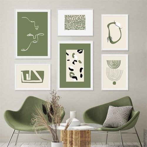 Trendy Abstract Line And Dot Green Boho Wall Art Canvas Paintings Poster Print Picture Bedroom Living Room Home Interior Deco
