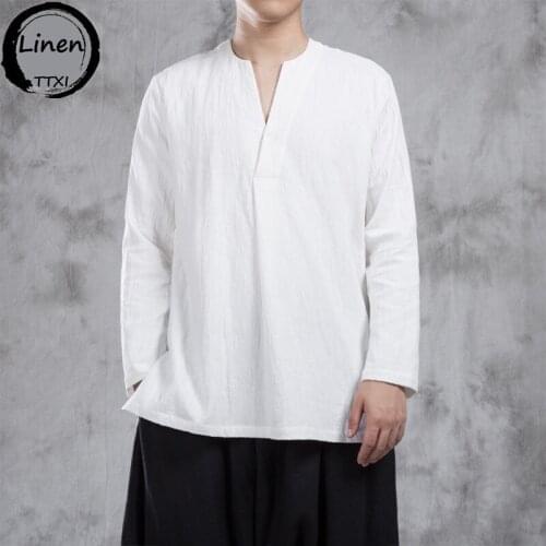 Autumn New Chinese Style Mens Linen t-shirt jacquard weave Chinese T-shirt cotton linen Bottomed shirt chinese traditional top