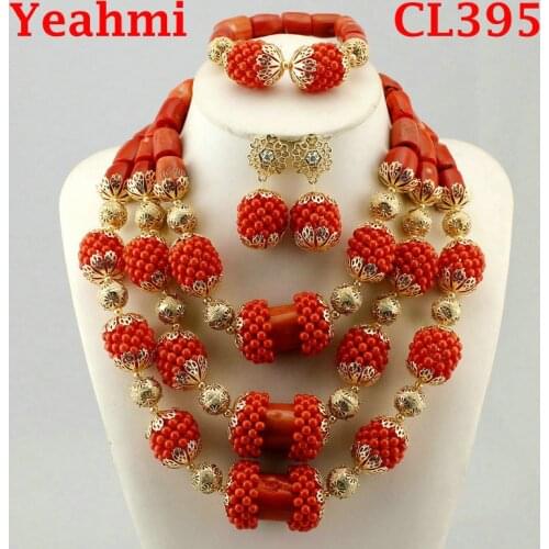 Delicate 3 Layers Gold Coral Nigerian Wedding African Beads Jewelry Set Dubai Coral Beads Bridal Jewelry Set Free Shipping CL395