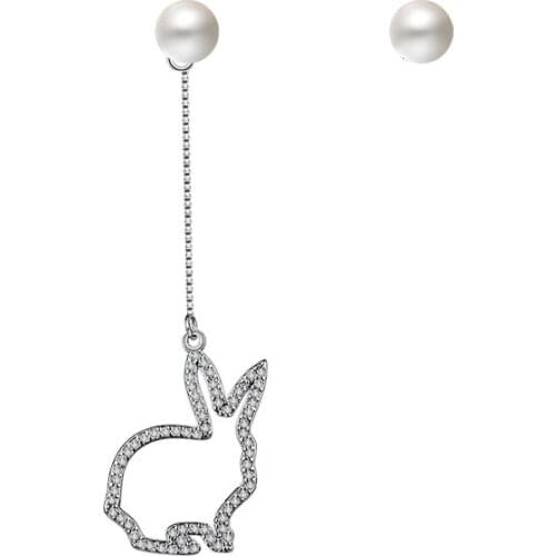 New Arrivals 925 Sterling Silver Luxury Asymmetric Rabbit Animal Plastic Pearl Ladies`Tassel Stud Earrings Jewelry For Women