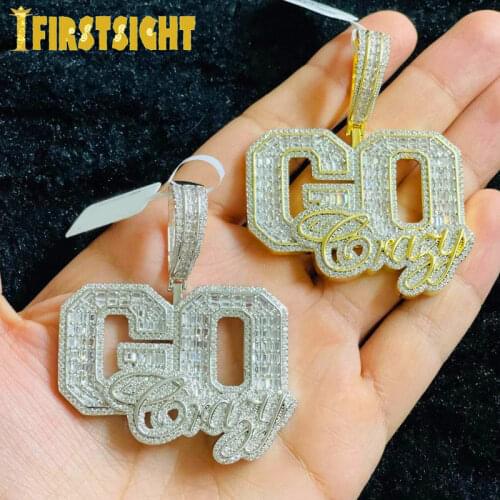 New Iced Out Bling Letters GO Crazy Pendant Necklace 5A Zircon Gold Silver Color Crazy Necklaces Mens Women Hip Hop Jewelry